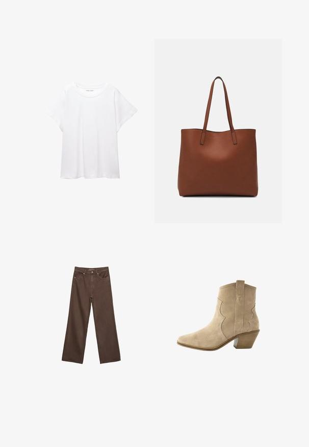 Weißes T-Shirt aus weichem, leichtem Stoff. Mit runder Halslinie und kurzen, weit geschnittenen Ärmeln für einen lässigen Sitz. Keine sichtbaren Muster.; Weite braune Jeans aus Denim, mit hoher Taille, Fronttaschen und klassischem Knopfverschluss. Glatte Textur mit feinen Nähten.; Beige Wildleder-Ankleboots mit spitzer Zehenform und geschwungenen Nähten. Mit einem Blockabsatz und einem Ziehfutter an der Rückseite für einfaches Anziehen.; Braune Leder-Tote mit glatter Textur, offenem Oberteil und zwei Schulterriemen. Verfügt über minimale Nähte und keine sichtbaren Beschläge.