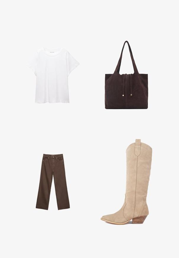 Valkoinen T-paita, joka on valmistettu pehmeästä ja kevyestä kankaasta. Omistaa pyöreän kaula-aukon ja lyhyet, leveät hihat rentoa istuvuutta varten. Ei näkyviä kuvioita.; Leviittävät ruskeat farkut, jotka on valmistettu denimistä, korkea vyötärö, etutaskut ja klassinen nappikiinnitys. Silkkinen pinta hienovaraisella ompelutyöllä.; Beige nahka cowboy-kengät, joissa on terävä kärki, koristeellinen ompelu ja pinottu puinen korko. Korkeus ulottuu polven keskelle.; Mango Shopping bag - dark brown