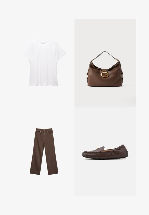 Hvid T-shirt lavet af blødt, let stof. Har en rund halsudskæring og korte, brede ærmer med en afslappet pasform. Ingen synlige mønstre.; Bredde ben brun denim jeans med høj talje, forlommer og klassisk knaplukning. Glat tekstur med diskret syninger.; COACH RONNIE LOAFER - Mokkasiner - maple; Brun lædertaske med struktureret finish, der har en guldfarvet lås og en enkelt, buet skulderrem.