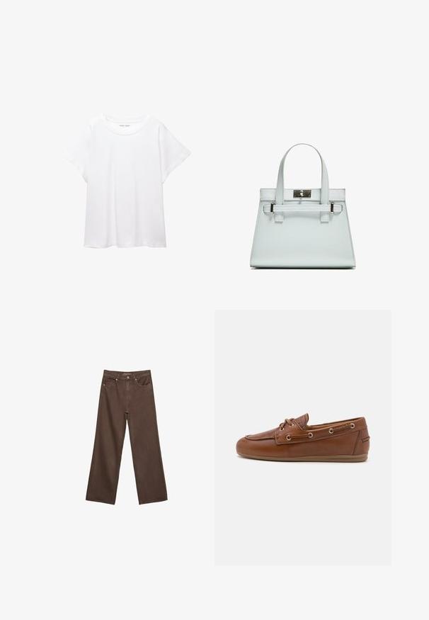 Valkoinen T-paita, joka on valmistettu pehmeästä ja kevyestä kankaasta. Omistaa pyöreän kaula-aukon ja lyhyet, leveät hihat rentoa istuvuutta varten. Ei näkyviä kuvioita.; Leviittävät ruskeat farkut, jotka on valmistettu denimistä, korkea vyötärö, etutaskut ja klassinen nappikiinnitys. Silkkinen pinta hienovaraisella ompelutyöllä.; Ruske nahkavenejalkad, millel on nööbiga detail, metallist silmad, tekstureeritud viimistlus ja paindlik beež kummitald. Ümar varbakuju.; Vaaleansininen käsilaukku, jossa on jämäkkä muotoilu, kaksi kahvaa ja hopeanvärinen kiinnitys. Pinta on teksturoitu ja kulmat terävät.