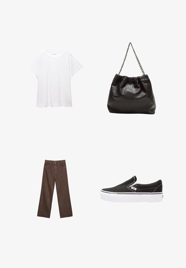 Biała koszulka wykonana z miękkiej, lekkiej tkaniny. Posiada okrągły dekolt oraz krótkie, szerokie rękawy, zapewniające luźny krój. Brak widocznych wzorów.; Szerokie brązowe dżinsy wykonane z denimu, z wysokim stanem, przednimi kieszeniami i klasycznym zapięciem na guzik. Gładka faktura z subtelnym przeszyciem.; Czarne płócienne buty na słupku z białą gumową podeszwą, kontrastującymi białymi szwami i łatką z logo z boku. Gładka tekstura i prosty design.; Brązowa skórzana torba z marszczonym szczytem i łańcuszkowym paskiem. Gładka tekstura z błyszczącym wykończeniem i subtelnymi detalami szwów po bokach.