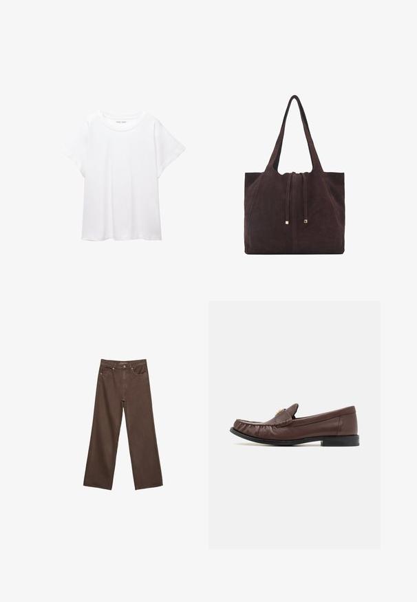 Weißes T-Shirt aus weichem, leichtem Stoff. Mit runder Halslinie und kurzen, weit geschnittenen Ärmeln für einen lässigen Sitz. Keine sichtbaren Muster.; Weite braune Jeans aus Denim, mit hoher Taille, Fronttaschen und klassischem Knopfverschluss. Glatte Textur mit feinen Nähten.; COACH JOLENE LOAFER - Slipper - maple; Mango Shopping Bag - dark brown