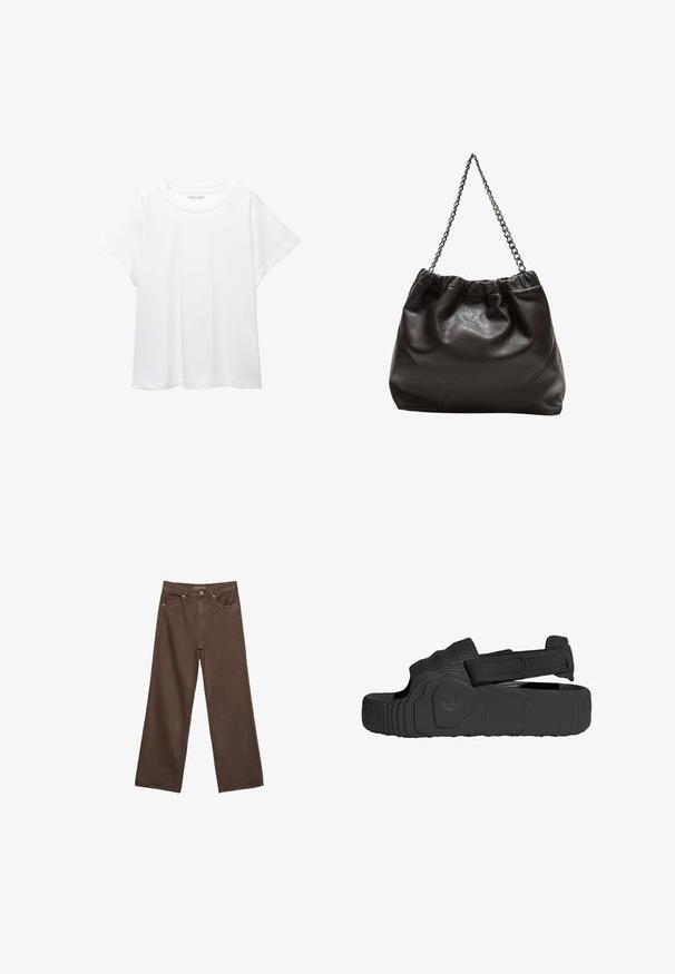 Biele tričko vyrobené z mäkkého, ľahkého materiálu. Má okrúhly výstrih a krátke, široké rukávy s uvoľneným strihom. Bez viditeľných vzorov.; Džínsy s širokými nohavicami v hnedej farbe, vyrobené z denimu, so zvýšeným pásom, prednými vreckami a klasickým zapínaním na gombík. Hladká textúra s jemným prešívaním.; Čierne sandále vyrobené z textúrovanej gumy s širokým remienkom a nastaviteľným suchým zipsom. Majú vzorovanú podrážku a detail s logom značky.; Hnedá kožená taška so zberaným vrchom a reťazovým popruhom. Hladký povrch s lesklým finišom a jemným švom po stranách.