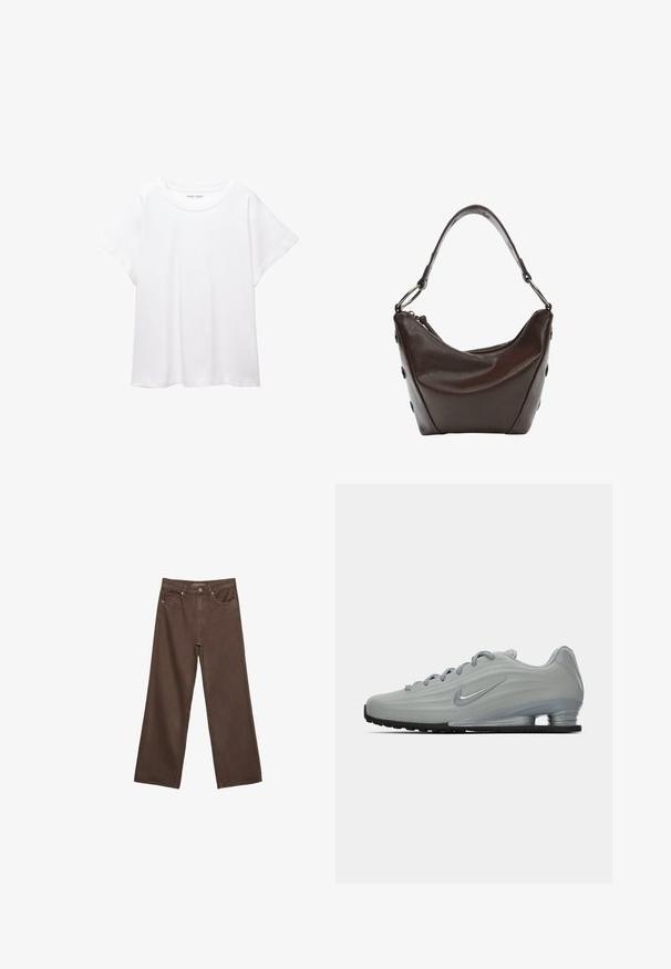 Biała koszulka wykonana z miękkiej, lekkiej tkaniny. Posiada okrągły dekolt oraz krótkie, szerokie rękawy, zapewniające luźny krój. Brak widocznych wzorów.; Szerokie brązowe dżinsy wykonane z denimu, z wysokim stanem, przednimi kieszeniami i klasycznym zapięciem na guzik. Gładka faktura z subtelnym przeszyciem.; Widok z boku jasnoszarego trampka Nike z sznurówkami, logo w kształcie łyżwy oraz przezroczystą podeszwą amortyzującą na jednolitym tle.; Ciemnobrązowa skórzana torebka o zaokrąglonym kształcie, zamykana na zamek błyskawiczny, z krótkim uchwytem. Posiada metalowe elementy i ozdobne czarne guziki po bokach.