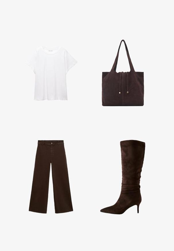 Vit t-shirt som är gjord av mjukt, lätt tyg. Har en rund halsringning och korta, vida ärmar med en avslappnad passform. Inga synliga mönster.; Bruna breda byxor i bomullsblandning med fransar vid fållen, framknäppning och klassisk femfickdesign. Minimalistiska och mångsidiga.; Bruna mockaknäb boots som sträcker sig upp till knäet, med spetsig tå och smal klack. Designen har en samlad textur nära toppen för extra detalj.; Mango Shoppingväska - dark brown