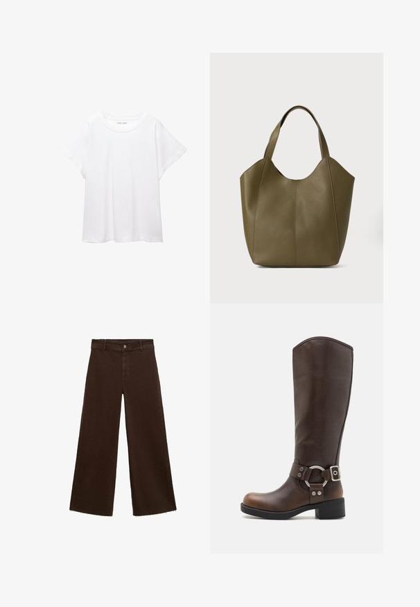 Tricou alb dintr-un material moale și ușor. Prezintă un decolteu rotund și mâneci scurte, largi, cu un croi lejer. Fără modele vizibile.; Pantaloni largi maro dintr-un amestec de bumbac, cu un tiv desfăcut, închidere cu buton frontal și un design clasic cu cinci buzunare. Minimalist și versatil.; Botă din piele maro, până la genunchi, cu un accent de metal rotund și cataramă. Partea superioară ușor texturată, toc stratificat și design cu vârf rotund.; Geantă tote din piele verde măslinie cu două mânere, textură netedă și design din patru panouri. Cusături întărite pe margini pentru durabilitate.