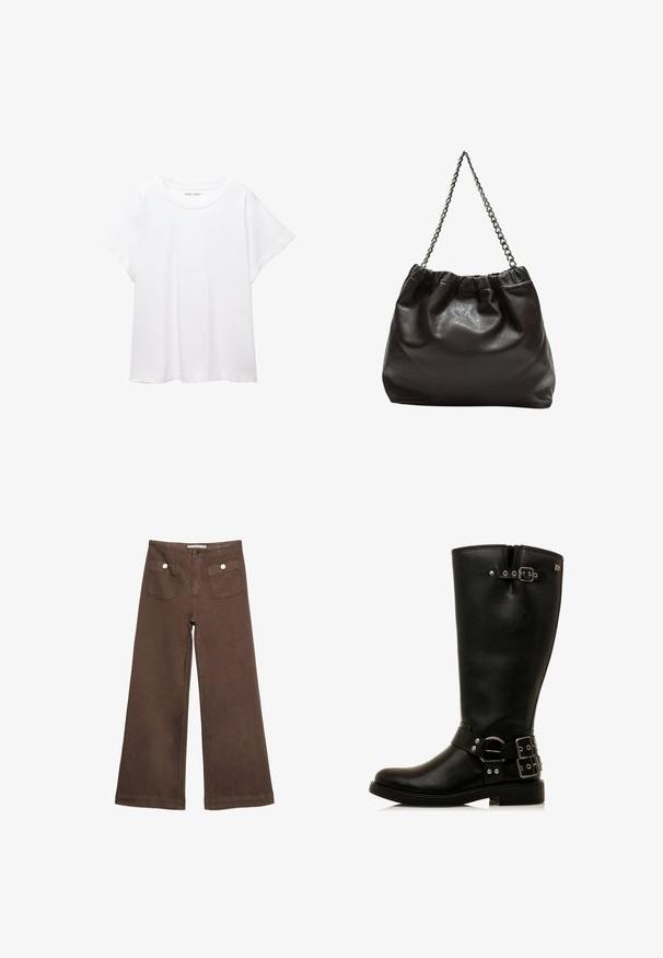 T-shirt blanc en tissu doux et léger. Il présente un col rond et des manches courtes et larges avec une coupe décontractée. Aucun motif visible.; Pantalons larges marron en coton, dotés de deux poches avant avec des boutons argentés, et une texture lisse.; Botte en cuir noir, à hauteur de genoux, avec une forme arrondie, des accents de boucles et un détail en métal. Elle présente une texture lisse et une semelle robuste.; Sac en cuir marron avec un haut froncé et une bandoulière en chaîne. Texture lisse avec une finition brillante et des coutures subtiles sur les côtés.