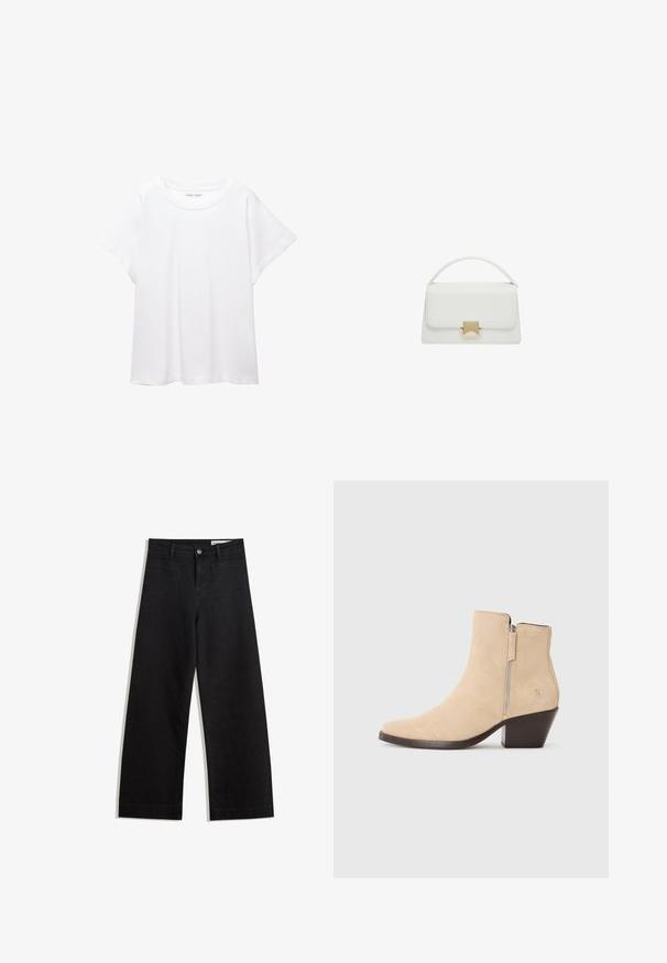 Bílý tričko vyrobené z měkké, lehké tkaniny. Má kulatý výstřih a krátké, široké rukávy s uvolněným střihem. Bez viditelných vzorů.; Černé denimové kalhoty s volným střihem a vysokým pasem, vybavené předními a zadními kapsami, prošívanými švy a knoflíkovým zapínáním. Hladká textura.; Beige semišové kotníkové boty se bočním zipem a černým vrstveným podpatkem, zobrazené v profilu na bílém pozadí.; Bílá kožená taška s pevnou konstrukcí, vybavená horní rukojetí a zlatým uzávěrem. Hladká textura a minimalistické detaily.