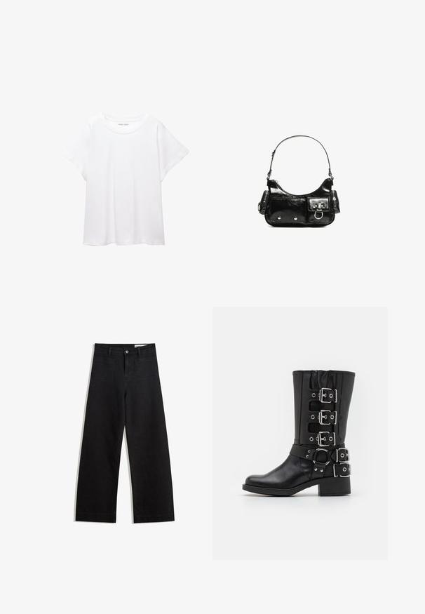 Fehér póló, puha, könnyű anyagból készült. Kerek nyakú, rövid, széles ujjaival és laza szabásával rendelkezik. Nincsenek látható minták.; Fekete, bő szabású farmernadrág magas derékkal, elülső és hátsó zsebekkel, varrott felületekkel és gombos záródással. Sima textúra.; Fekete bőr csizma magas szárakkal, amely több ezüst csatolással és pánttal, egy kör alakú díszítéssel, valamint tömzsi sarokkal rendelkezik. Matt felület.; Fekete lakkbőr kézitáska ívelt formával, egy vállpánttal, elülső zsebekkel és ezüstszínű fémrészletekkel.