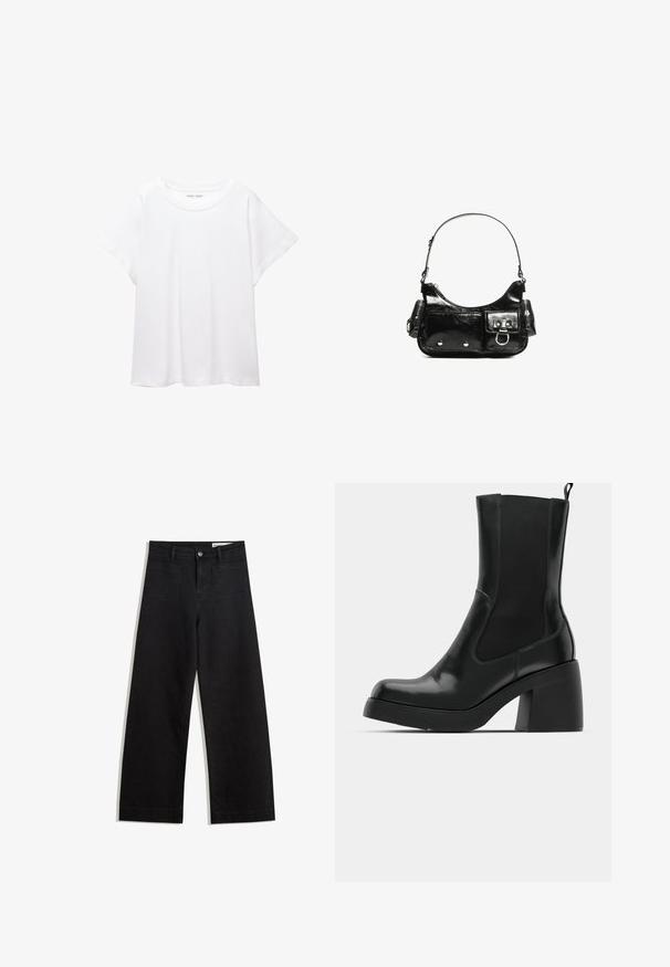 Biała koszulka wykonana z miękkiej, lekkiej tkaniny. Posiada okrągły dekolt oraz krótkie, szerokie rękawy, zapewniające luźny krój. Brak widocznych wzorów.; Czarne dżinsowe spodnie o szerokich nogawkach i wysokim stanie, z przednimi i tylnymi kieszeniami, przeszyciami oraz zapięciem na guziki. Gładka struktura.; Czarne botki do kostki o błyszczącej skórzanej powierzchni, z elastycznymi bocznymi panelami, zaokrąglonym noskiem i grubym obcasem dla większej stabilności. Czysty, nowoczesny design.; Czarna torebka z lakierowanej skóry o zaokrąglonym kształcie, z jednym paskiem na ramię, przednimi kieszeniami i akcentami w kolorze srebrnym.