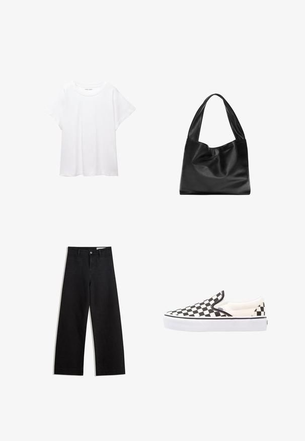 Bijela majica od mekane, lagane tkanine. Ima okrugli izrez i kratke, široke rukave s ležernim krojem. Bez vidljivih uzoraka.; Crne široke traperice s visokim strukom, s prednjim i stražnjim džepovima, šivenim šavovima i kopčanjem na gumb. Glatka tekstura.; Cipele slip-on Vans s crno-bijelim šahovskim uzorkom, s platnenim gornjim dijelom, gumiranim potplatom i podstavljenim ovratnikom. Ravni, okrugli vrh s bijelim akcentima na potplatu.; Crna kožna torba s mekanim, opuštenim dizajnom, širokim drškama i glatkom teksturom. Nema vidljive opreme ili ukrasa.