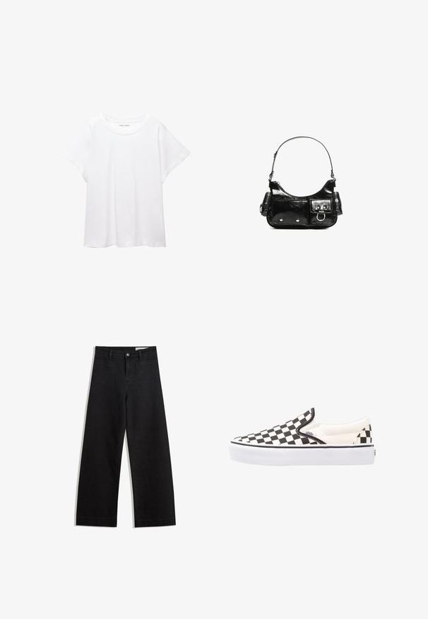 T-shirt blanc en tissu doux et léger. Il présente un col rond et des manches courtes et larges avec une coupe décontractée. Aucun motif visible.; Pantalon en denim noir à jambes larges avec une taille haute, comprenant des poches avant et arrière, des coutures piquées et une fermeture à bouton. Texture lisse.; Chaussures Vans à enfiler en damier noir et blanc avec une tige en toile, une semelle en caoutchouc et un col rembourré. Bout rond plat avec des accents de semelle blancs.; Sac à main en cuir verni noir avec une forme incurvée, une bandoulière, des poches avant et des accents en métal argenté.