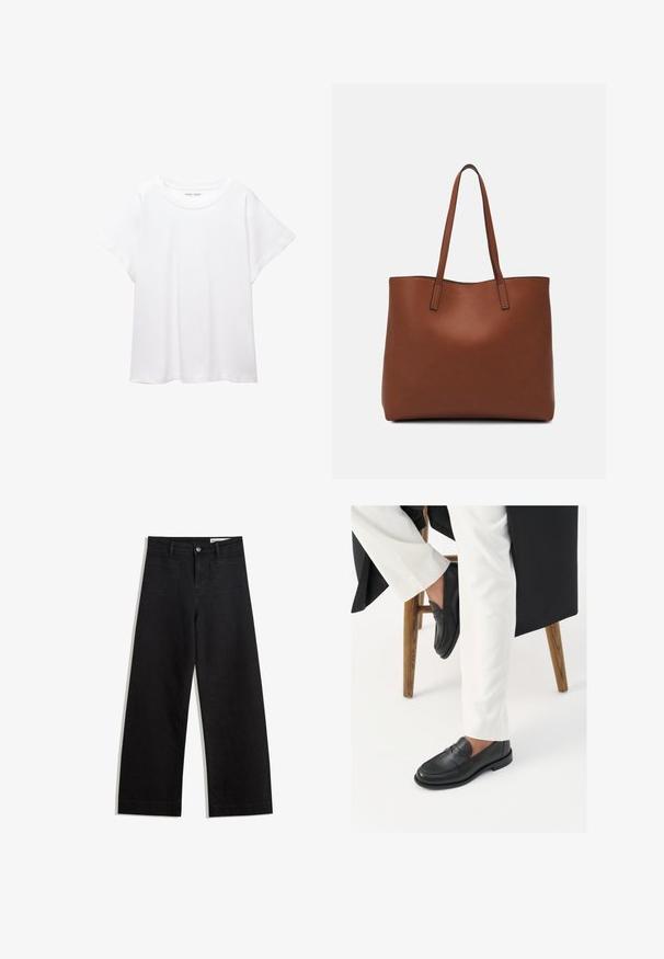 T-shirt blanc en tissu doux et léger. Il présente un col rond et des manches courtes et larges avec une coupe décontractée. Aucun motif visible.; Pantalon en denim noir à jambes larges avec une taille haute, comprenant des poches avant et arrière, des coutures piquées et une fermeture à bouton. Texture lisse.; Mocassins en cuir noir avec une texture lisse et un large détail de bride, portés avec un pantalon blanc sur mesure. Le talon présente un design plat.; Sac fourre-tout en cuir marron avec une texture lisse, design à ouverture supérieure et deux poignées pour le porter à l'épaule. Présente des coutures minimales et aucun matériel visible.