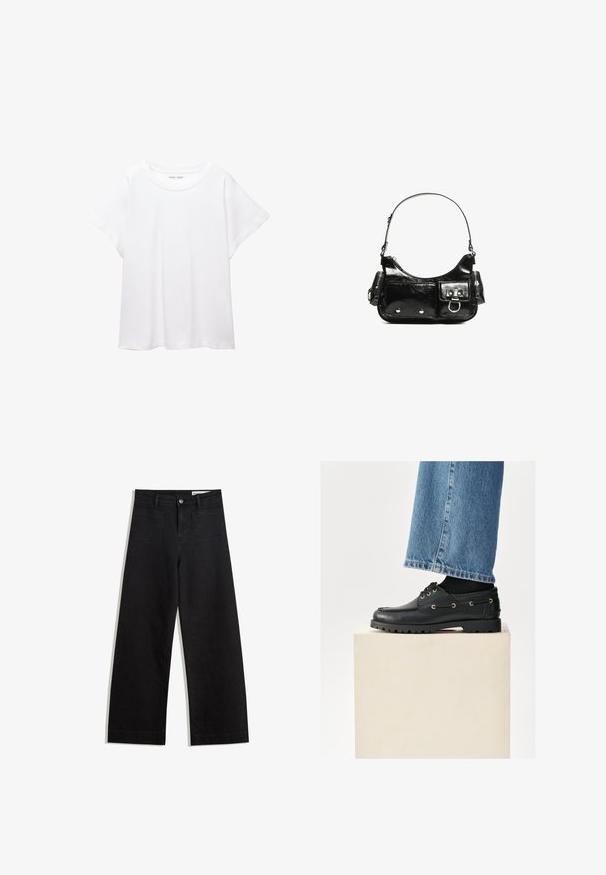 Bijela majica od mekane, lagane tkanine. Ima okrugli izrez i kratke, široke rukave s ležernim krojem. Bez vidljivih uzoraka.; Crne široke traperice s visokim strukom, s prednjim i stražnjim džepovima, šivenim šavovima i kopčanjem na gumb. Glatka tekstura.; Crne kožne cipele s okruglim vrhom, vezanjem i zlatnim otvorima za vezice. Čvrst potplat. Nosi se s plavim trapericama koje lagano prekrivaju cipele.; Crna patentna kožna torba s zakrivljenim oblikom, jednim remenom za rame, prednjim džepovima i akcentima od srebrnog tona.