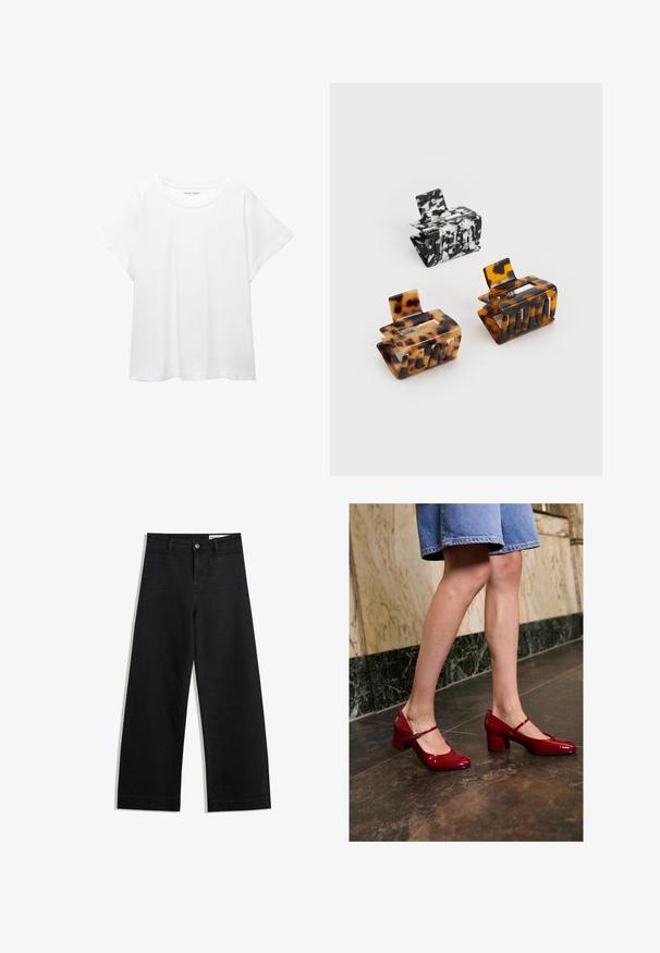 Fehér póló, puha, könnyű anyagból készült. Kerek nyakú, rövid, széles ujjaival és laza szabásával rendelkezik. Nincsenek látható minták.; Fekete, bő szabású farmernadrág magas derékkal, elülső és hátsó zsebekkel, varrott felületekkel és gombos záródással. Sima textúra.; Személy fényes piros Mary Jane blokk sarkú cipőben és kék farmer szoknyában áll egy sötét csempe padlón, közel egy márványfalhoz.; Három hajcsat: egy fekete-fehér márványos, két teknősbékás barna és fekete árnyalatú, mind fényes műanyagból, texturált felülettel készült.