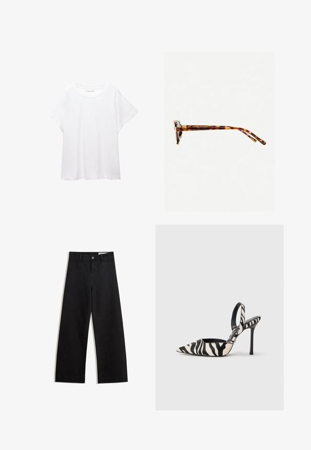 White T-shirt made of soft, lightweight fabric. Features a round neckline and short, wide sleeves with a relaxed fit. No visible patterns.; Black wide-leg denim pants with a high waist, featuring front and back pockets, stitched seams, and a button closure. Smooth texture.; Pointed-toe slingback heel in black and cream zebra print, featuring a slim high heel and open back design with a black interior.; Tortoiseshell sunglasses with a thick frame, slightly curved temples, and smooth texture. Features a classic design with a glossy finish.