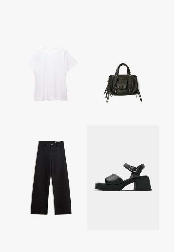Tricou alb dintr-un material moale și ușor. Prezintă un decolteu rotund și mâneci scurte, largi, cu un croi lejer. Fără modele vizibile.; Pantaloni din denim negri cu picioare largi, cu talie înaltă, având buzunare frontale și posterioare, cusături dublate și închidere cu nasture. Textură netedă.; Sandale cu platformă din piele neagră, cu design peep-toe, curea la gleznă și toc pătrat masiv. Textură netedă și stil minimalist.; Geantă din piele neagră, cu mânere împletite, buzunar cu fermoar și ciucuri suspendați. Suprafață texturată cu capse metalice și accente din metal.