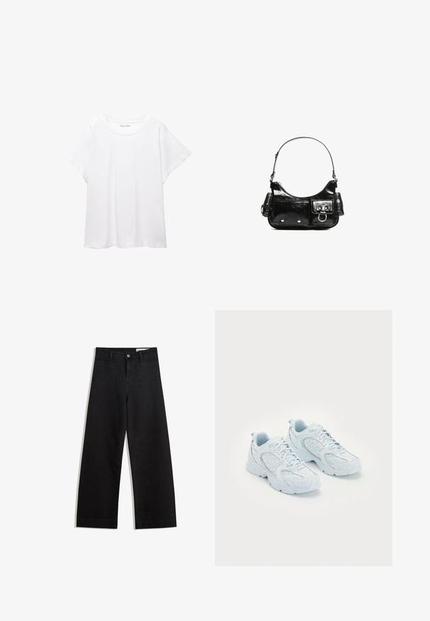 Bijela majica od mekane, lagane tkanine. Ima okrugli izrez i kratke, široke rukave s ležernim krojem. Bez vidljivih uzoraka.; Crne široke traperice s visokim strukom, s prednjim i stražnjim džepovima, šivenim šavovima i kopčanjem na gumb. Glatka tekstura.; Svijetloplave atletske cipele s gornjim dijelom od mrežaste i sintetičke tkanine, s bijelim točkicama i reflektirajućim detaljima, vezanje na vezicu i podložnim potplatima.; Crna patentna kožna torba s zakrivljenim oblikom, jednim remenom za rame, prednjim džepovima i akcentima od srebrnog tona.