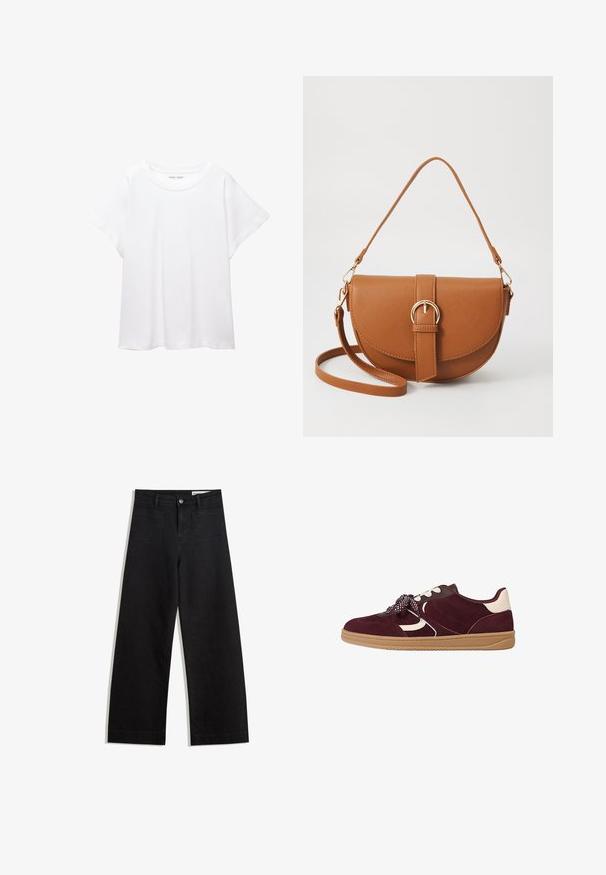 White T-shirt made of soft, lightweight fabric. Features a round neckline and short, wide sleeves with a relaxed fit. No visible patterns.; Black wide-leg denim pants with a high waist, featuring front and back pockets, stitched seams, and a button closure. Smooth texture.; Burgundy suede sneaker with white accents, textured detailing, thick gum rubber sole, and patterned laces for secure fit.; Brown leather crossbody bag with a curved shape, gold hardware, and a buckle accent. Features a detachable shoulder strap.