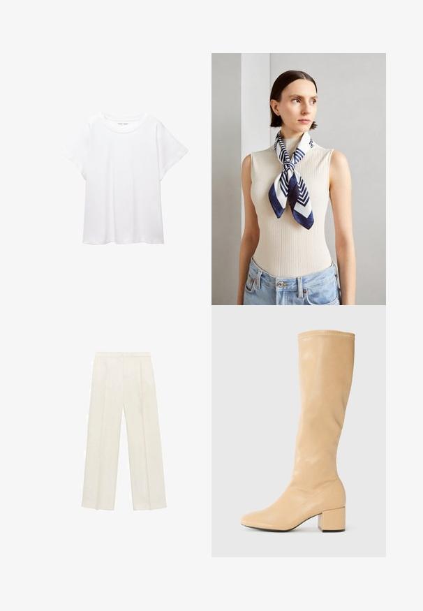 Valkoinen T-paita, joka on valmistettu pehmeästä ja kevyestä kankaasta. Omistaa pyöreän kaula-aukon ja lyhyet, leveät hihat rentoa istuvuutta varten. Ei näkyviä kuvioita.; Valkoiset leveälahkeiset housut vaaleassa kermassa. Valmistettu sileästä kankaasta, jossa on laskokset edessä ja sivutaskut.; Anna Field Saappaat - beige; Silkkihuivi tummansinisessä ja valkoisessa värissä geometrisella siksak-kuviolla. Suorapintainen, solmittuna siististi kaulan ympärille, täydentäen ribbipaitaa.; Beige-kott som har flata håndtak, jevn tekstur, og gullfarget detaljer, kombinert med en matchende kviltet clutch med kjede-håndtak.