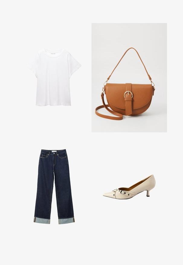 Biele tričko vyrobené z mäkkého, ľahkého materiálu. Má okrúhly výstrih a krátke, široké rukávy s uvoľneným strihom. Bez viditeľných vzorov.; Tmavo modré široké nohavice s vysokým pásom, s manžetami, kontrastným šitím a dizajnom s piatimi vreckami. Vyrobené z denimu.; Béžová kožená pumpa s špicatou špičkou, s dekoratívnym pásikom s prackou a striebornými cvokmi, a s malým podpätkom.; Hnedá kožená kabelka cez telo s zakriveným tvarom, zlatými kovovými doplnkami a akcentom s prackou. Obsahuje odnímateľný ramenný popruh.