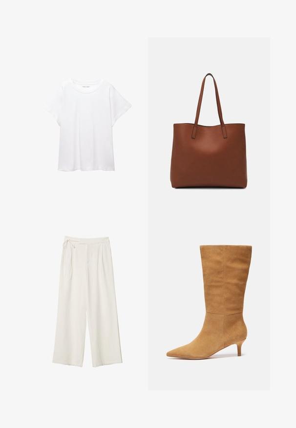 T-shirt blanc en tissu doux et léger. Il présente un col rond et des manches courtes et larges avec une coupe décontractée. Aucun motif visible.; Pantalons larges en tissu blanc cassé avec une texture lisse. Dotés d'une taille nouée et d'un devant plissé, conçus pour un ajustement décontracté.; Zign Bottes - beige; Sac fourre-tout en cuir marron avec une texture lisse, design à ouverture supérieure et deux poignées pour le porter à l'épaule. Présente des coutures minimales et aucun matériel visible.