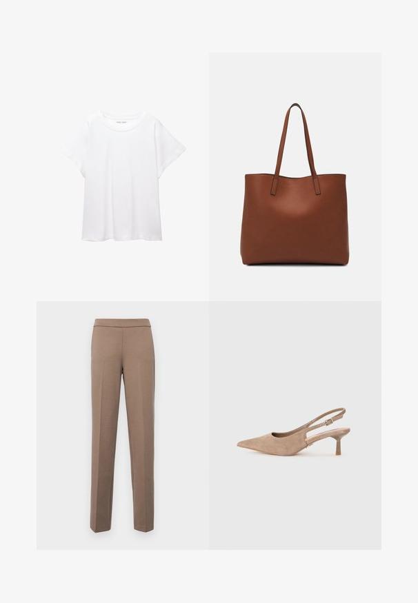 Bijela majica od mekane, lagane tkanine. Ima okrugli izrez i kratke, široke rukave s ležernim krojem. Bez vidljivih uzoraka.; Smeđe, uske hlače od glatkog, elastičnog materijala. Ravne nogavice i ravni struk bez vidljivih kopči ili džepova.; Bež suede cipele s otvorenom petom i špicastim prstom, s niskim, prozirnim blok pete. Imaju podesivu traku za sigurno prianjanje.; Smeđa kožna torba preko ramena s glatkom teksturom, otvorenim vrhom i dvjema naramenicama. Ima minimalne šavove i nema vidljivog hardvera.