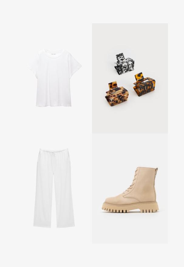 Biała koszulka wykonana z miękkiej, lekkiej tkaniny. Posiada okrągły dekolt oraz krótkie, szerokie rękawy, zapewniające luźny krój. Brak widocznych wzorów.; Białe szerokie spodnie z miękkiego materiału, z elastycznym pasem i sznurkiem do regulacji oraz dwiema bocznymi kieszeniami. Prosty i schludny design.; Beżowe skórzane botki sięgające do kostki z okrągłym noskiem, sznurowaniem z przodu i bocznym zamkiem błyskawicznym, z grubą, ząbkowaną podeszwą.; Trzy spinki do włosów: jedna w czarno-białe marmurkowe wzory, dwie w kolorach brązu i czerni w stylu żółwi, wszystkie wykonane z błyszczącego plastiku z teksturowanym wykończeniem.