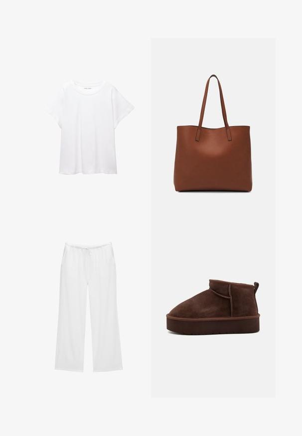 Fehér póló, puha, könnyű anyagból készült. Kerek nyakú, rövid, széles ujjaival és laza szabásával rendelkezik. Nincsenek látható minták.; Fehér, bővülő szárú nadrág puha anyagból, elöl húzózsinórral ellátott gumis derékkal és két oldalsó zsebbel. Egyszerű és letisztult dizájn.; Barna velúr bokacsizma lekerekített orral, puha tapintással és vastag talppal. Finom varrási részletekkel és hátsó húzófüllel rendelkezik.; Barna bőr vászontáska sima textúrával, nyitott tetejű dizájnnal és két vállpánttal. Minimális varrással és látható hardver nélkül készült.