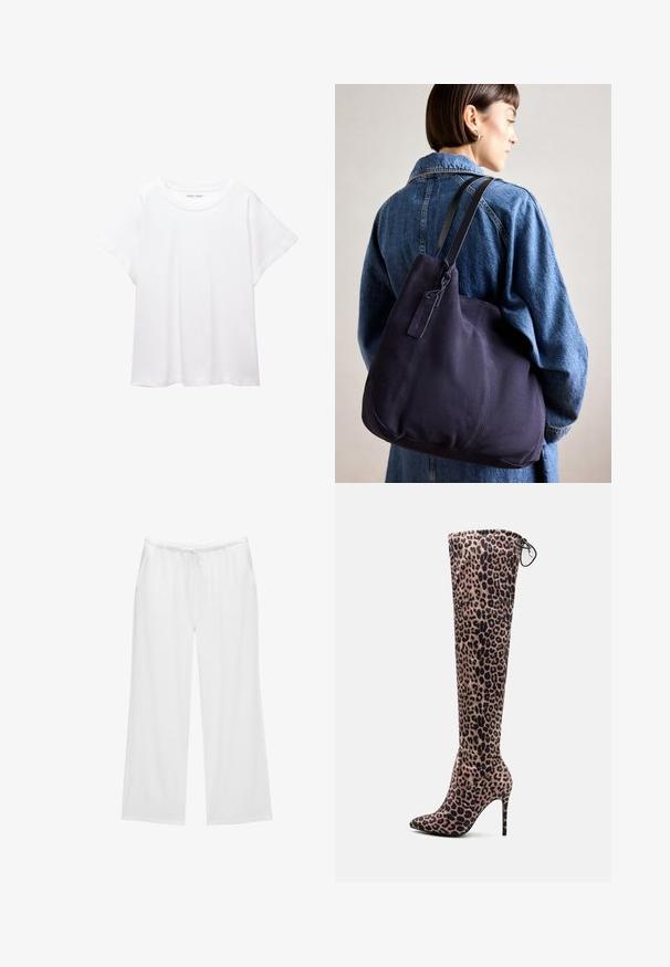 Biele tričko vyrobené z mäkkého, ľahkého materiálu. Má okrúhly výstrih a krátke, široké rukávy s uvoľneným strihom. Bez viditeľných vzorov.; Biele nohavice s širokými nohavicami vyrobené z mäkkého materiálu, s elastickým pásom na šnúrku a dvomi bočnými vreckami. Jednoduchý a čistý dizajn.; Kozáky s leopardím vzorom nad kolená vyrobené z jemnej tkaniny, s špičatou špičkou a ihlovým podpätkom. Stiahnutie na vrchu.; Námorná plátenná taška na rameno s mäkkým, štruktúrovaným tvarom, vybavená čiernym popruhom, prešívaním a malou značkovou visačkou.