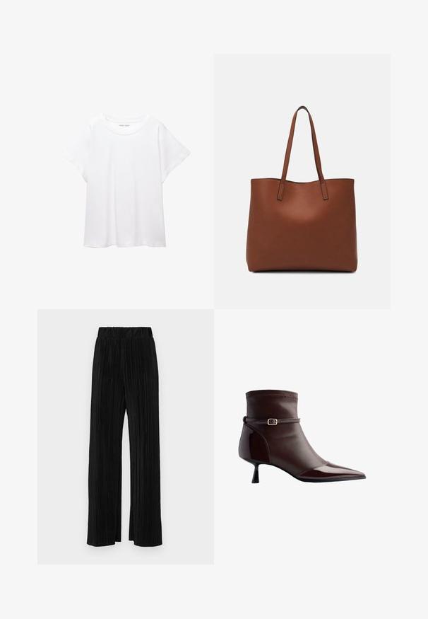 Weißes T-Shirt aus weichem, leichtem Stoff. Mit runder Halslinie und kurzen, weit geschnittenen Ärmeln für einen lässigen Sitz. Keine sichtbaren Muster.; Schwarze plissierte Hose mit elastischem Bund. Verfügt über weite Hosenbeine und einen glatten, strukturierten Stoff mit vertikalen Streifen.; Braune Lederstiefelette mit spitzer Zehe, kleinem Kittenheel und einem dünnen Riemen mit einer kleinen goldenen Schnalle um den Knöchel.; Braune Leder-Tote mit glatter Textur, offenem Oberteil und zwei Schulterriemen. Verfügt über minimale Nähte und keine sichtbaren Beschläge.