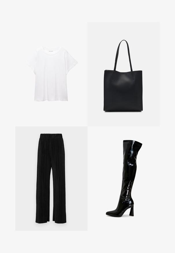 Biała koszulka wykonana z miękkiej, lekkiej tkaniny. Posiada okrągły dekolt oraz krótkie, szerokie rękawy, zapewniające luźny krój. Brak widocznych wzorów.; Czarne spodnie plisowane z elastycznym paskiem w talii. Posiadają szerokie nogawki oraz gładki, teksturowany materiał z pionowymi paskami.; Czarne kozaki za kolano wykonane z błyszczącej skóry lakowej, charakteryzujące się eleganckim wyglądem, szpiczastym czubkiem i blokowym obcasem.; Czarna skórzana torba tote o gładkiej fakturze, prostokątnym kształcie i dwóch długich uchwytach. Brak widocznych elementów metalowych i ozdób.