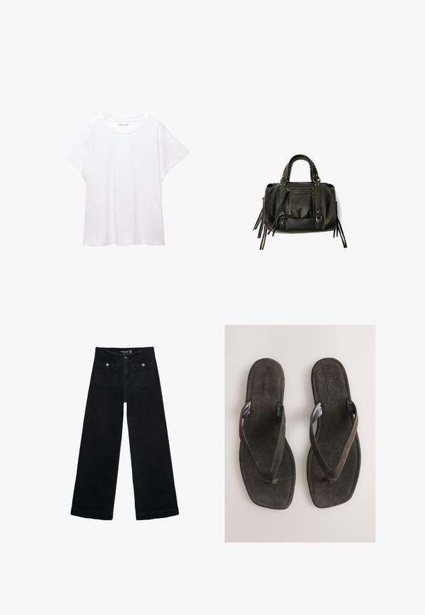 Bijela majica od mekane, lagane tkanine. Ima okrugli izrez i kratke, široke rukave s ležernim krojem. Bez vidljivih uzoraka.; Crne široke traperice s visokim strukom, koje imaju dva prednja džepa i metalne gumbe kao ukrase. Tkanina ima glatku teksturu.; Smeđe antilop natikače s ravnim potplatom, s teksturiranim remenčićima i jednostavnim dizajnom. Nema dodatnih uzoraka ili ukrasa.; Crna kožna torba s pletenim ručkama, džepom na zatvarač i visećim resicama. Teksturirana površina s metalnim zakovicama i hardverskim naglascima.