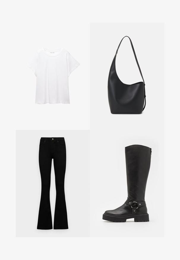 Biała koszulka wykonana z miękkiej, lekkiej tkaniny. Posiada okrągły dekolt oraz krótkie, szerokie rękawy, zapewniające luźny krój. Brak widocznych wzorów.; Czarne, wysokie dżinsy z guzikem i zamkiem błyskawicznym, z przednimi kieszeniami i rozszerzanymi nogawkami, leżące płasko na białym tle.; Kozak do kolan z czarnej skóry z okrągłym zapięciem. Posiada solidną podeszwę i teksturowane wykończenie, z gładką cholewką i regulowanym paskiem.; Czarna skórzana torba hobo o gładkiej fakturze, zaokrąglonym kształcie i pojedynczym, regulowanym pasku; posiada szerokie otwarcie na górze.