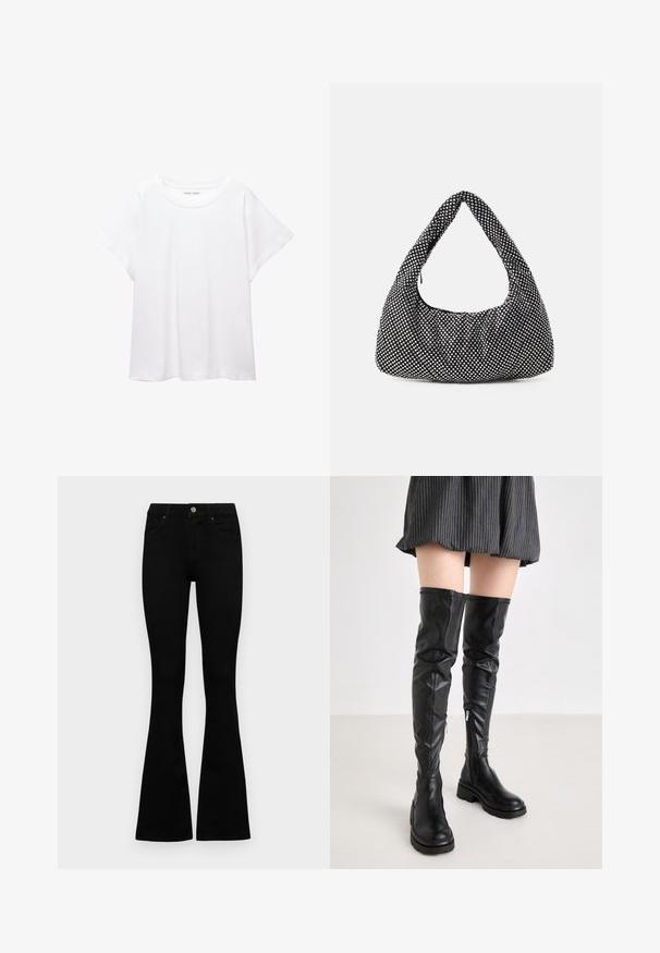 Tricou alb dintr-un material moale și ușor. Prezintă un decolteu rotund și mâneci scurte, largi, cu un croi lejer. Fără modele vizibile.; Jeans negri cu talie înaltă, cu închidere prin nasture și fermoar, buzunare frontale și picioare evazate, așezați pe un fundal alb.; RAID ADDISEY - Cizme peste genunchi - black; Geantă neagră cu o formă curbată, de tip hobo, dintr-un material texturat cu ținte argintii. Mâner superior singular, închidere cu fermoar și siluetă moale.