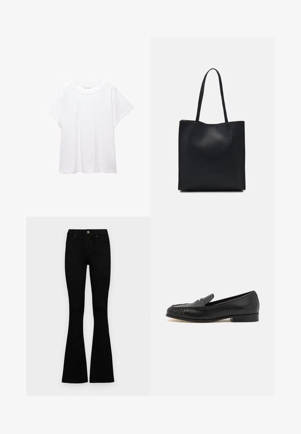 Weißes T-Shirt aus weichem, leichtem Stoff. Mit runder Halslinie und kurzen, weit geschnittenen Ärmeln für einen lässigen Sitz. Keine sichtbaren Muster.; Schwarze hochtaillierte Jeans mit einem Knopf- und Reißverschluss, Fronttaschen und ausgestellten Beinen, flach auf einem weißen Hintergrund ausgelegt.; Schwarze Lederloafers mit runder Spitze, mit einem geflochtenen Design an der Vorderseite, niedrigem Absatz und glatter Oberfläche. Keine zusätzlichen Verzierungen.; Schwarze Laptoptasche aus Leder mit glatter Textur, rechteckiger Form und zwei langen Griffen. Keine sichtbaren Beschläge oder Verzierungen.