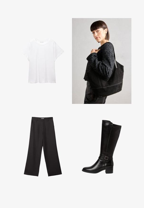 T-shirt bianco realizzato in un tessuto morbido e leggero. Presenta un collo rotondo e maniche corte e larghe con vestibilità morbida. Nessun motivo visibile.; Pantaloni neri a gamba larga realizzati in tessuto liscio, con zip frontale e due tasche laterali, dal taglio sartoriale e design minimalista.; Stivale in pelle nera fino al ginocchio con punta arrotondata, una cintura decorativa con fibbia circolare e un tacco basso a blocco. Texture liscia e lucida.; Borsa tote nera in suede con una texture liscia, forma strutturata e cuciture a contrasto. Presenta lunghe tracolle per il trasporto a spalla.