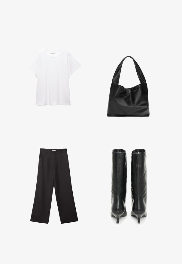 Vit t-shirt som är gjord av mjukt, lätt tyg. Har en rund halsringning och korta, vida ärmar med en avslappnad passform. Inga synliga mönster.; Svarta vida byxor i slät väv, med dragkedja fram och två sidofickor, med skräddarsydd passform och minimalistisk design.; InWear Stövel - black; Svart läder tote-väska med en mjuk, sluttande design, breda handtag och slät yta. Ingen synlig hårdvara eller utsmyckningar.