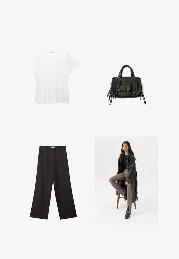 Valkoinen T-paita, joka on valmistettu pehmeästä ja kevyestä kankaasta. Omistaa pyöreän kaula-aukon ja lyhyet, leveät hihat rentoa istuvuutta varten. Ei näkyviä kuvioita.; Mustat leveälahkeiset housut, jotka on valmistettu sileästä kankaasta. Niissä on edessä vetoketju ja kaksi sivutaskua, ja niiden muotoilu on räätälöity ja minimalistinen.; Musta nahkastakki, jossa on napit ja vyöyksityiskohtia, yhdistettynä vaaleanruskeisiin slim-fit-housuihin ja mustiin loafereihin, istuu puupenkillä.; Musta nahkainen käsilaukku letitetuilla kahvoilla, vetoketjullinen tasku ja roikkuvat tupsut. Muotoiltu pinta metallisten niittien ja varusteiden korostuksilla.