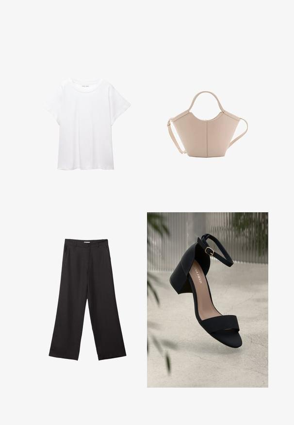 Biele tričko vyrobené z mäkkého, ľahkého materiálu. Má okrúhly výstrih a krátke, široké rukávy s uvoľneným strihom. Bez viditeľných vzorov.; Čierne široké nohavice vyrobené z hladkej tkaniny, so zipsom vpredu a dvoma bočnými vreckami, s prispôsobeným strihom a minimalistickým dizajnom.; Čierne sandále na opätku so širokým pásikom a pásikom na členku, s matným povrchom a blokovým opätkom. Logo značky je viditeľné na stielke.; Béžová kožená kabelka s unikátnym tvarom, vybavená dvoma krátkymi uchami a jedným dlhým nastaviteľným popruhom. Hladký povrch s minimálnym kovovým príslušenstvom.