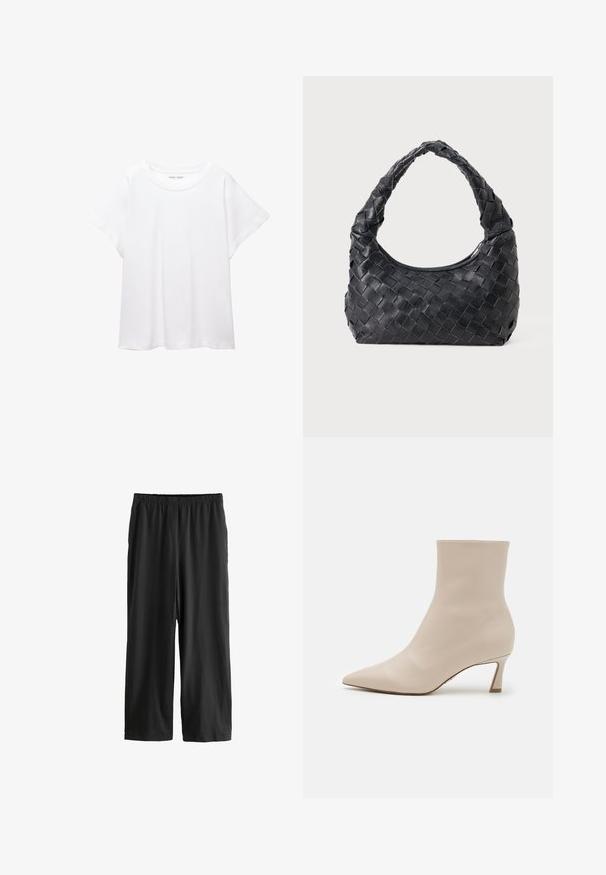 Bijela majica od mekane, lagane tkanine. Ima okrugli izrez i kratke, široke rukave s ležernim krojem. Bez vidljivih uzoraka.; Crne hlače do koljena izrađene od lagane tkanine. Elastična pojasnica i glatka tekstura s ravnim krojem. Nema vidljivih detalja ili uzoraka.; Steve Madden LULAH - Gležnjače - bone; Crna kožna torba za rame s pletenim uzorkom, zaobljenom drškom i oblikom u obliku polumjesece na jednobojnoj pozadini.; Sjajni bež narukvica napravljena od glatke smole. Okrugli oblik s ujednačenom površinom i malim zlatnim logotipom unutar.