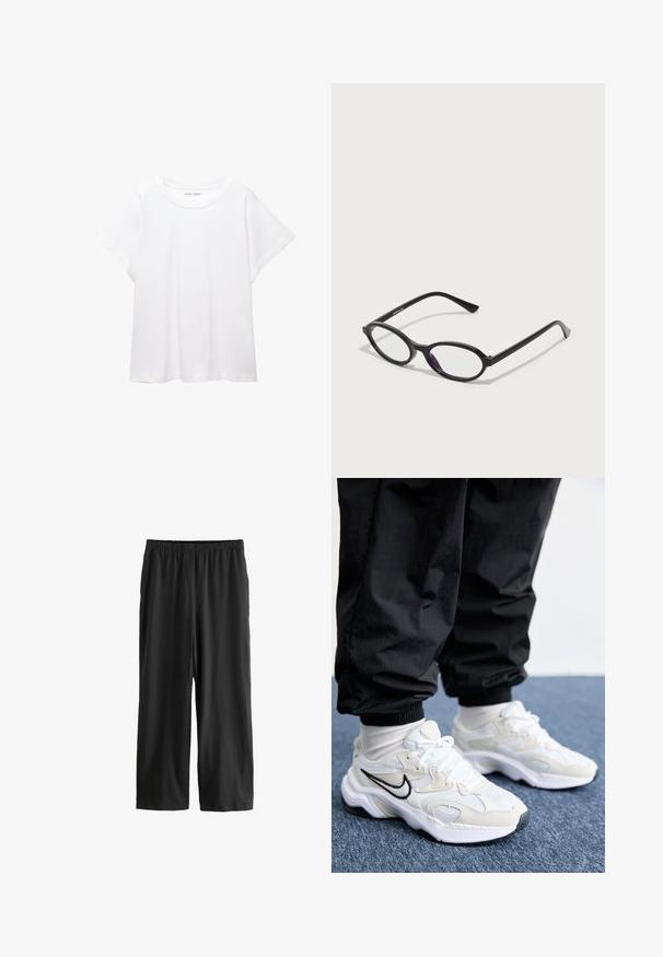 Bijela majica od mekane, lagane tkanine. Ima okrugli izrez i kratke, široke rukave s ležernim krojem. Bez vidljivih uzoraka.; Crne hlače do koljena izrađene od lagane tkanine. Elastična pojasnica i glatka tekstura s ravnim krojem. Nema vidljivih detalja ili uzoraka.; Bijele i svijetlosive atletske tenisice s teksturiranim gornjim dijelom, debljim potplatom i crnim swoosh logom. Uparene s crnim treniranim hlačama i bijelim čarapama.; Crne naočale ovalnog okvira s prozirnim ljubičastim naglascima na lećama. Okviri imaju mat finiš i tanke, ravne temple.; Crna kožna torba preko ramena zaobljenog oblika, s sjajnom završnom obradom i srebrnim hardverom. Osoba nosi crne hlače širokog kroja i loaferice sa studovima.