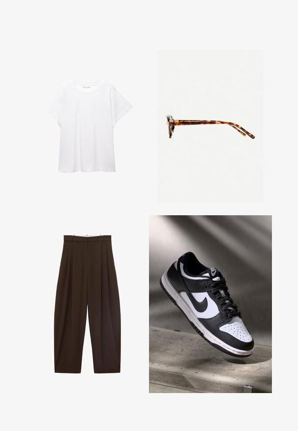 Biała koszulka wykonana z miękkiej, lekkiej tkaniny. Posiada okrągły dekolt oraz krótkie, szerokie rękawy, zapewniające luźny krój. Brak widocznych wzorów.; Brązowe spodnie z wysokim stanem z zakładkami, wykonane z gładkiego materiału. Luźny krój, prosta nogawka, z różkami na pasek i suwakiem.; Czarno-białe sneakersy Nike Dunk Low z cholewką skórzaną, perforowanym noskiem i czarnymi sznurowadłami, z białą podeszwą i akcentami logo.; Okulary przeciwsłoneczne w kratkę w grubej oprawie, lekko zakrzywionymi zausznikami i gładką teksturą. Charakteryzują się klasycznym wzornictwem i błyszczącym wykończeniem.; Brązowa skórzana torba na ramię o zaokrąglonym kształcie, ze złotymi akcentami i zapięciem w formie klamry. Posiada odpinany pasek na ramię.