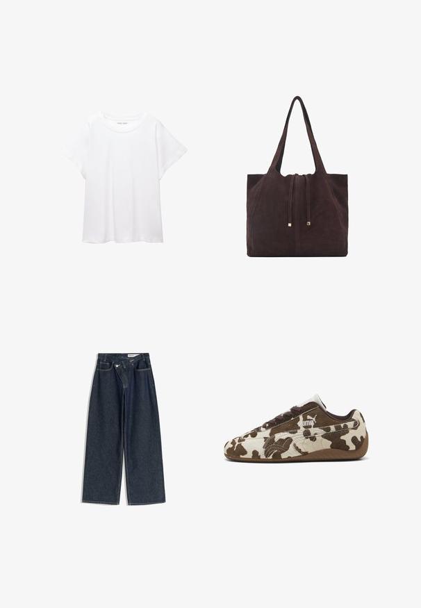 Tricou alb dintr-un material moale și ușor. Prezintă un decolteu rotund și mâneci scurte, largi, cu un croi lejer. Fără modele vizibile.; Jeans din denim albastru închis, cu picioare largi, talie înaltă, cinci buzunare și cusături contrastante. Prezintă sistem de închidere cu buton metalic și fermoar.; Adidași cu imprimeu de vacă maro și crem, din material de suede, cu vârf rotund și talpă din cauciuc. Au șireturi și logo-ul Puma pe lateral.; Mango Geantă de pânză - dark brown