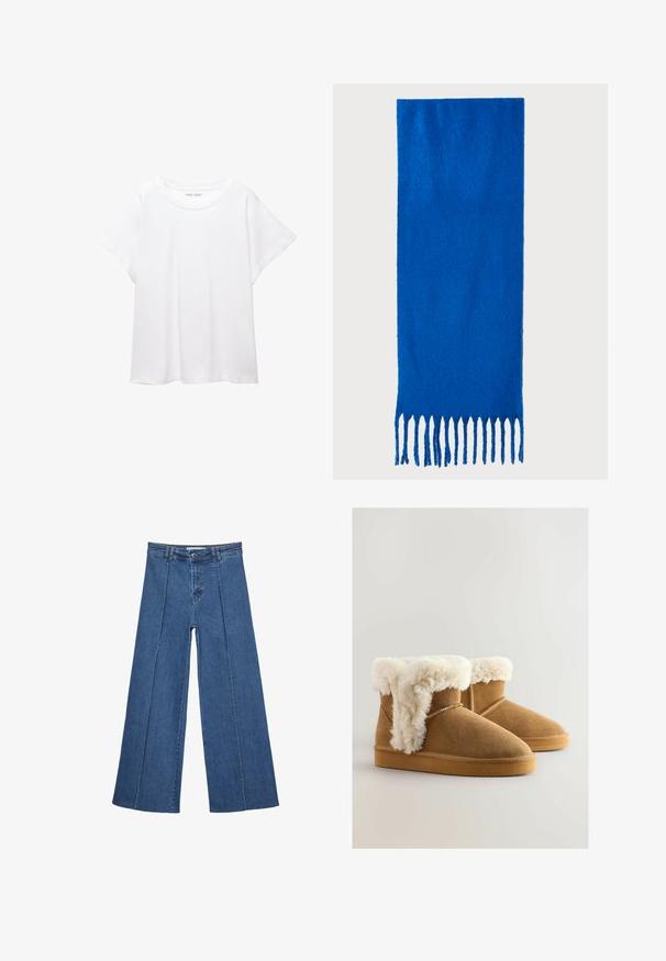 Weißes T-Shirt aus weichem, leichtem Stoff. Mit runder Halslinie und kurzen, weit geschnittenen Ärmeln für einen lässigen Sitz. Keine sichtbaren Muster.; Weite Jeans aus Denim in Mittelblau, mit hoher Taille, Knopfverschluss und kontrastierenden vertikalen Nahtdetails an der Vorderseite.; Braune Wildleder-Ankle Boots mit einem flauschigen weißen Kunstfellbund, runder Zehenpartie und flacher Gummisohle. Stichdetails entlang der Seiten.; Blauer gefranster Schal aus weichem Stoff; hat eine einfarbige Oberfläche mit strukturierter Textur und gleichmäßig geschnittenem Fransen am unteren Ende.; Schwarze Lederhandtasche mit geschwungener Form, abnehmbarem Tragegurt und goldenen Beschlägen. Die Tasche verfügt über einen Deckel mit einer Schnallen-Details.