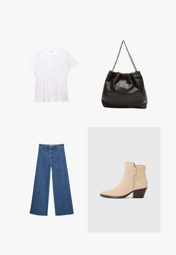 Weißes T-Shirt aus weichem, leichtem Stoff. Mit runder Halslinie und kurzen, weit geschnittenen Ärmeln für einen lässigen Sitz. Keine sichtbaren Muster.; Weite Jeans aus Denim in Mittelblau, mit hoher Taille, Knopfverschluss und kontrastierenden vertikalen Nahtdetails an der Vorderseite.; Beige Wildleder-Stiefelette mit seitlichem Reißverschluss und schwarzem Blockabsatz, im Profil auf einem weißen Hintergrund dargestellt.; Braune Lederhandtasche mit gerafftem Oberteil und Kettenriemen. Glatte Textur mit glänzendem Finish und subtilen Nahtdetails an den Seiten.