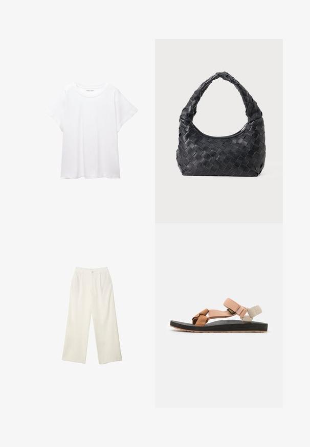 Hvid T-shirt lavet af blødt, let stof. Har en rund halsudskæring og korte, brede ærmer med en afslappet pasform. Ingen synlige mønstre.; Bredde bukser i cremefarvet stof med en glat tekstur, der har en enkelt knap foran, diskrete folder og design med høj talje.; Fodtøj: flade sandaler med justerbare remme i fersken, tan og creme. Gummisål med struktureret overflade, brune accenter og sort bund.; Sort læder vævet skuldertaske med et afrundet håndtag og en halvmåneformet krop på en ensfarvet baggrund.