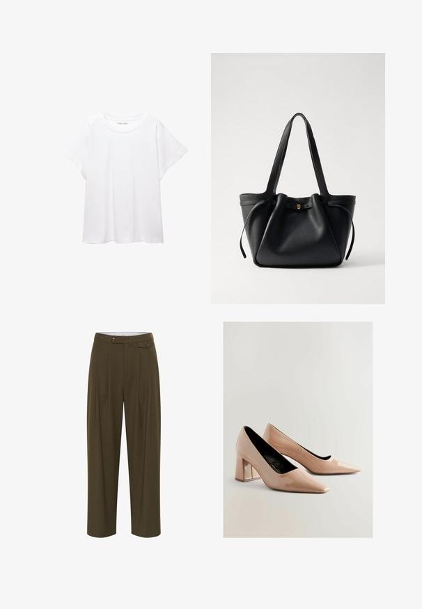Tricou alb dintr-un material moale și ușor. Prezintă un decolteu rotund și mâneci scurte, largi, cu un croi lejer. Fără modele vizibile.; Pantaloni de culoare verde măsliniu, cu talie înaltă, cu pliuri, design cu picior drept, două buzunare frontale și închidere cu nasturi.; Pantofi cu toc bloc din piele patent nud, cu vârful ascuțit și un finisaj lucios. Prezentând o textură netedă și un toc pătrat de înălțime medie.; Geantă tote din piele neagră, cu două bretele lungi, un vârf strâns și un accent circular auriu. Textură netedă cu un design minimalist.