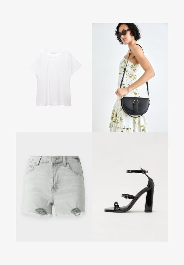 Bela majica s kratkimi rukavi, izdelana iz mehkega in lahkega blaga. Ima okroglo ovratnico ter kratke, široke rokave z udobnim krojem. Brez vidnih vzorcev.; Svetlo sivi traper šorti s visokim pasom, izrezbarenimi detalji i raspucanim rubovima, ter dve prednje žepove. Tkanina deluje mekano i istrošeno.; Črne lakirane sandale s peto, kvadratnim prstom, trakovi okrog gležnja in srebrnimi zaponkami. Opremljene so s stabilno Debelo peto.; Črna usnjena torbica s ukrivljeno obliko, z odstranljivo naramnico in zlatimi dodatki. Torbica ima pokrov s podrobnostmi v obliki zaponke.