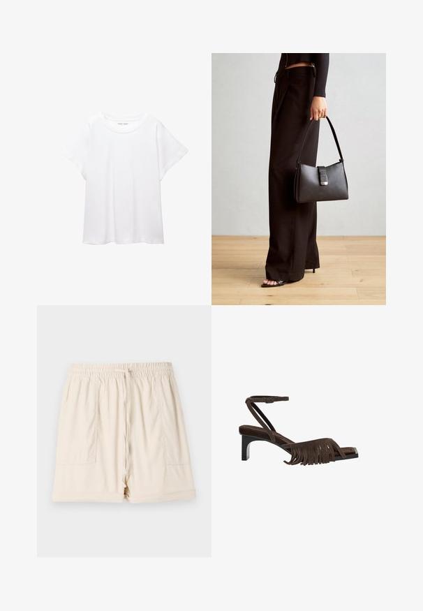 Fehér póló, puha, könnyű anyagból készült. Kerek nyakú, rövid, széles ujjaival és laza szabásával rendelkezik. Nincsenek látható minták.; Beige pamut rövidnadrág rugalmas derékkal, húzózsinórral és két oldalsó zsebbel; laza szabású és felgöngyölített szegéllyel rendelkezik.; Barna velúr szandál francia rojt részlettel, bokapánttal és alacsony négyzetes sarkú kialakítással. Elegáns, minimalista dizájn, finom textúrával.; Fekete kézi táska strukturált formával, sima textúrával és fémből készült záródással. Széles fekete nadrággal és nyitott orrú szandállal párosítva, fából készült padlón.